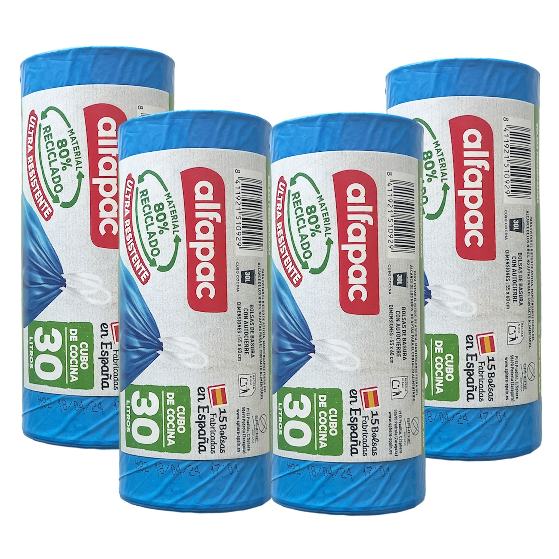 80% Reciclado 4 Rollos De 15 Bolsas De Basura 30l Con Autocierre