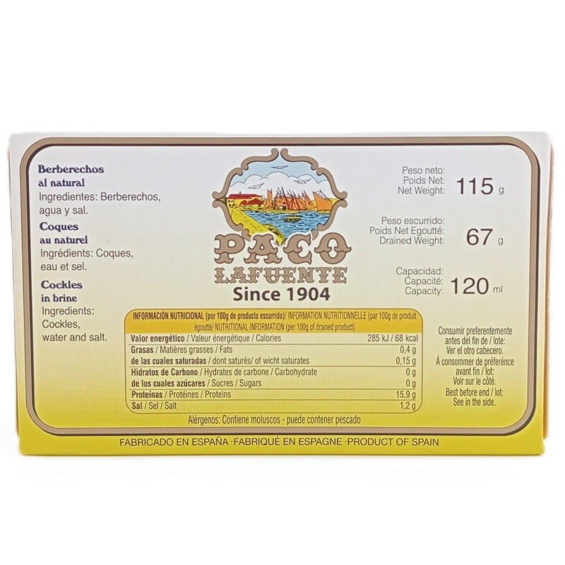 Berberechos al Natural de las Rias Gallegas Paco Lafuente 115 g (35/45 pza)