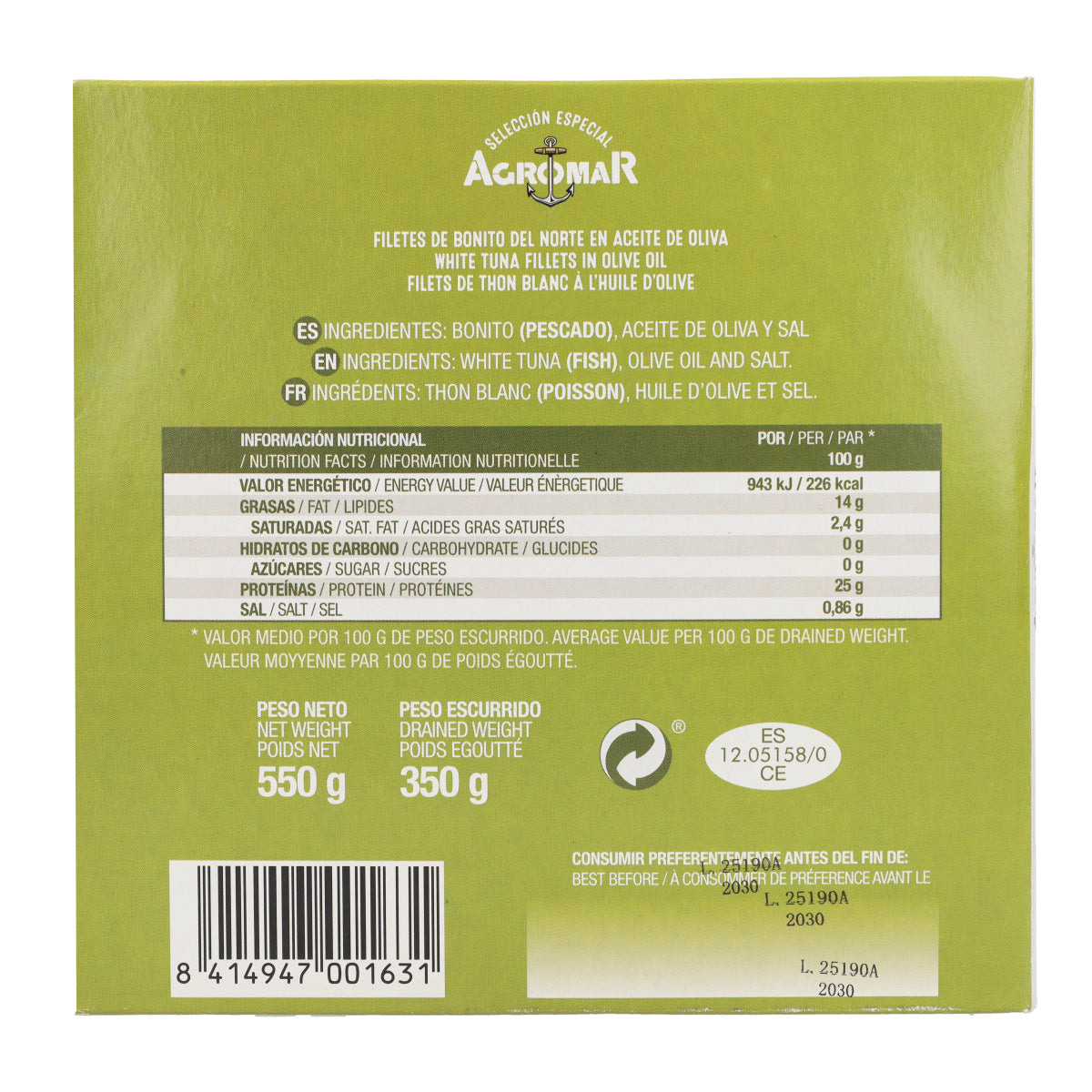Filetes de Lomo Bonito del Norte en Aceite de Oliva Costera del Cantábrico en Lata AGROMAR 550 g (350 g escurrido)