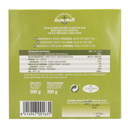 Filetes de Lomo Bonito del Norte en Aceite de Oliva Costera del Cantábrico en Lata AGROMAR 550 g (350 g escurrido)