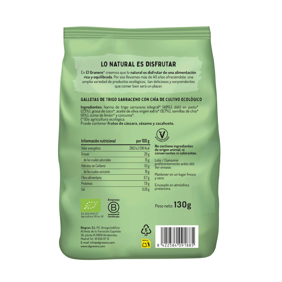 Galletas Mini Cookies de Trigo Sarraceno con Chia Bio El Granero 130 g