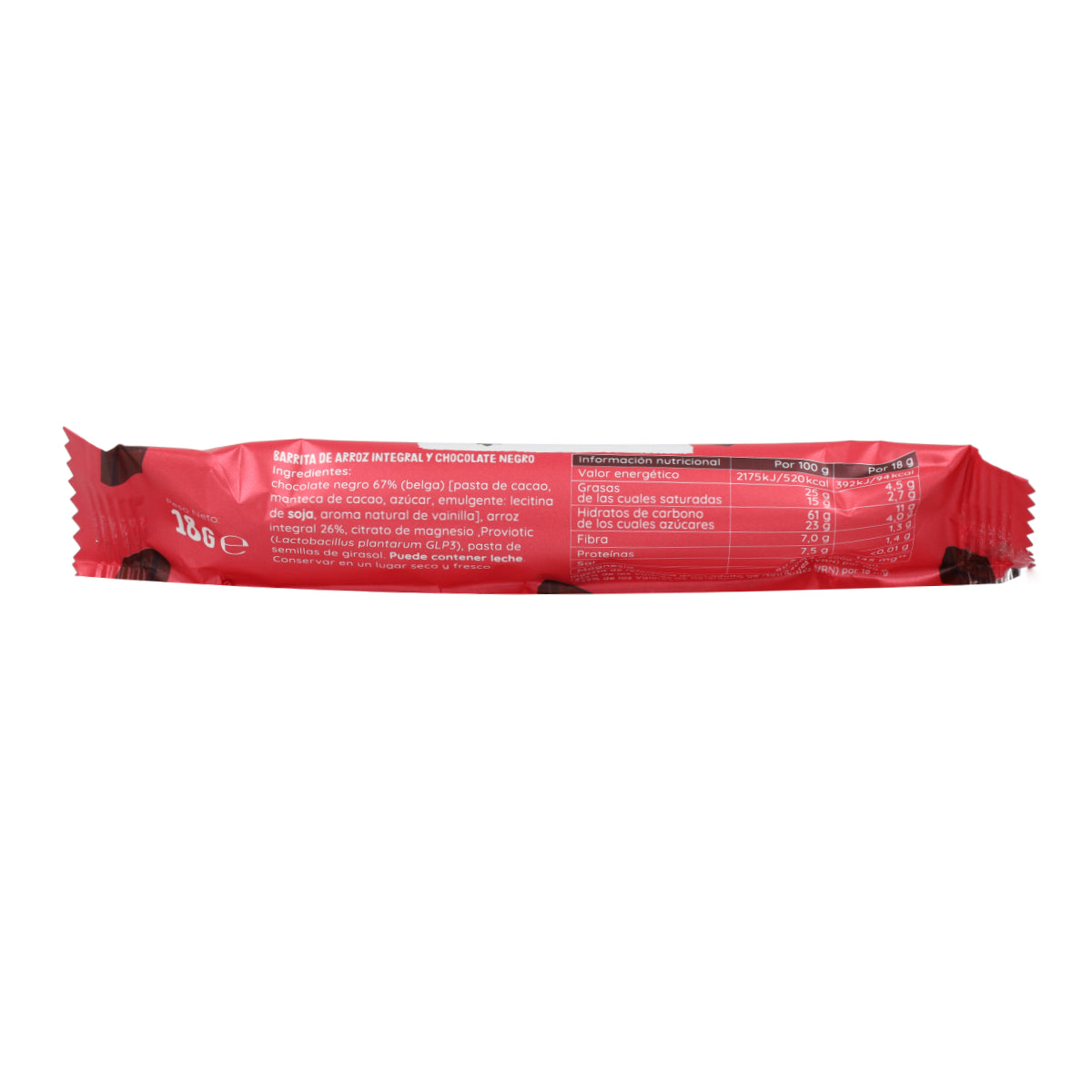 Barra de arroz com chocolate negro sem glúten 18 g