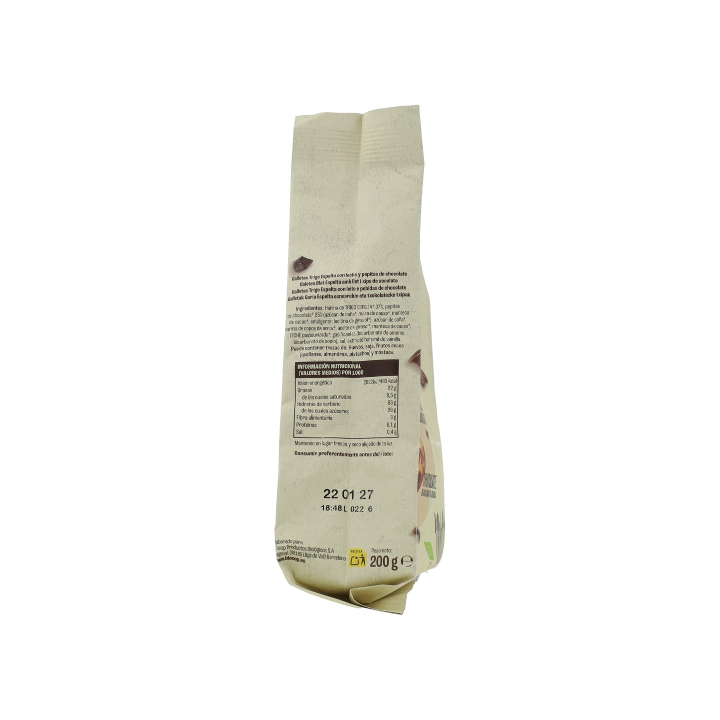 Bolachas de chocolate com pepitas de trigo e espelta Biocop 200g