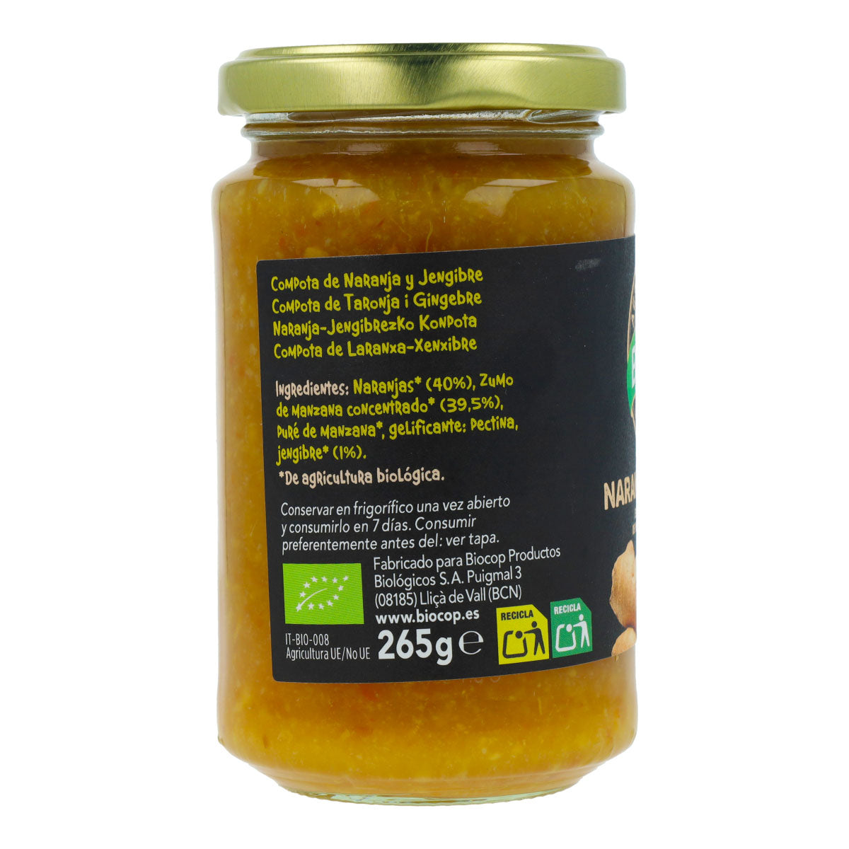 Embalagem de 2 compotas biológicas de laranja e gengibre Biocop, 265 g