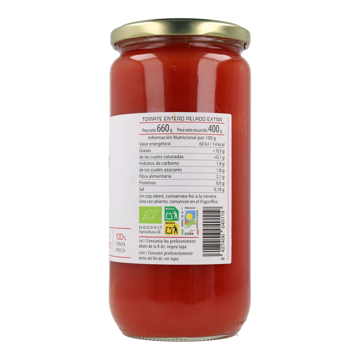 Tomates inteiros pelados biológicos Cal Valls 660 g