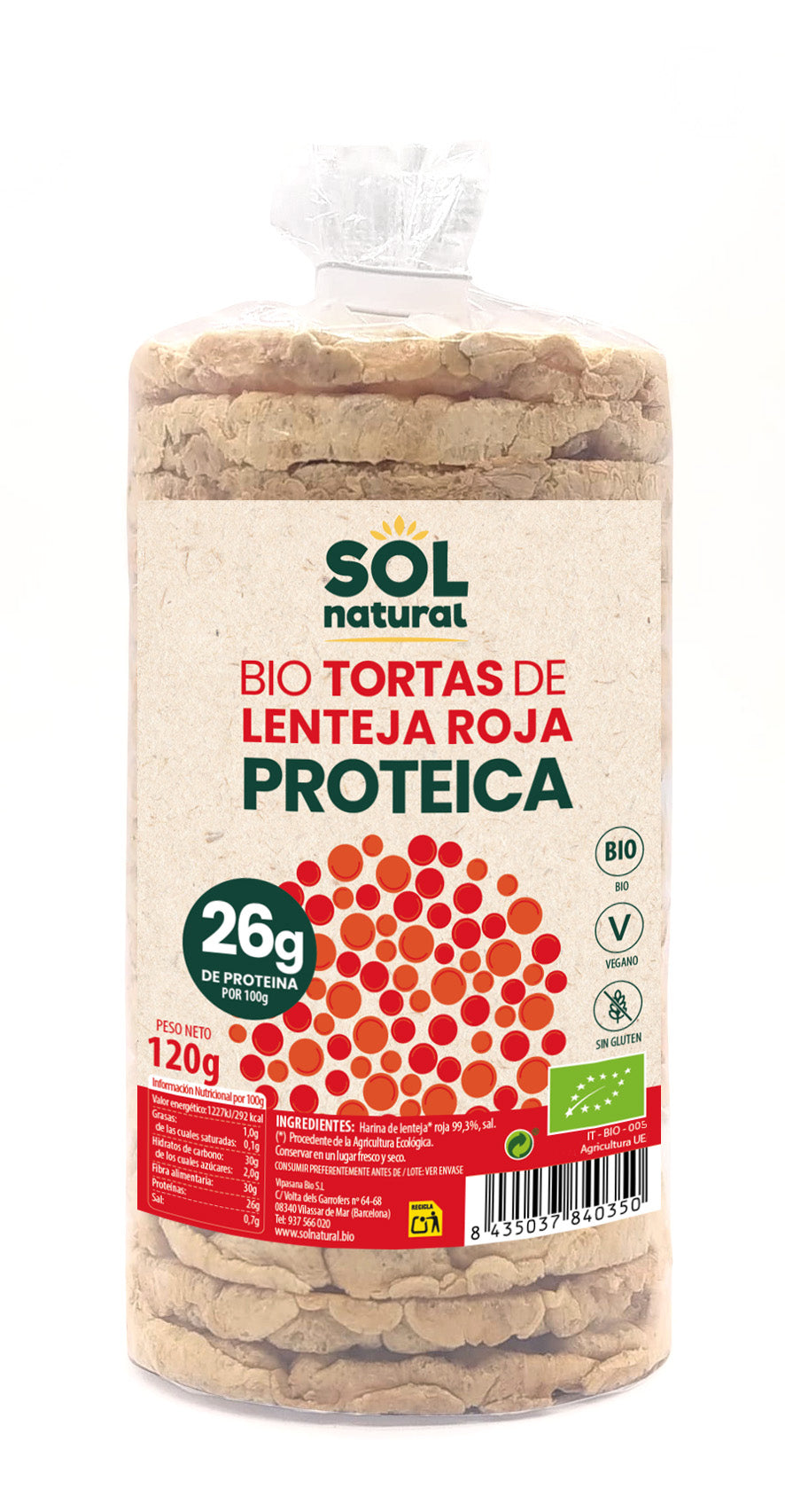 Tortas Proteicas De Lenteja Roja Bio Sol Natural 120 g