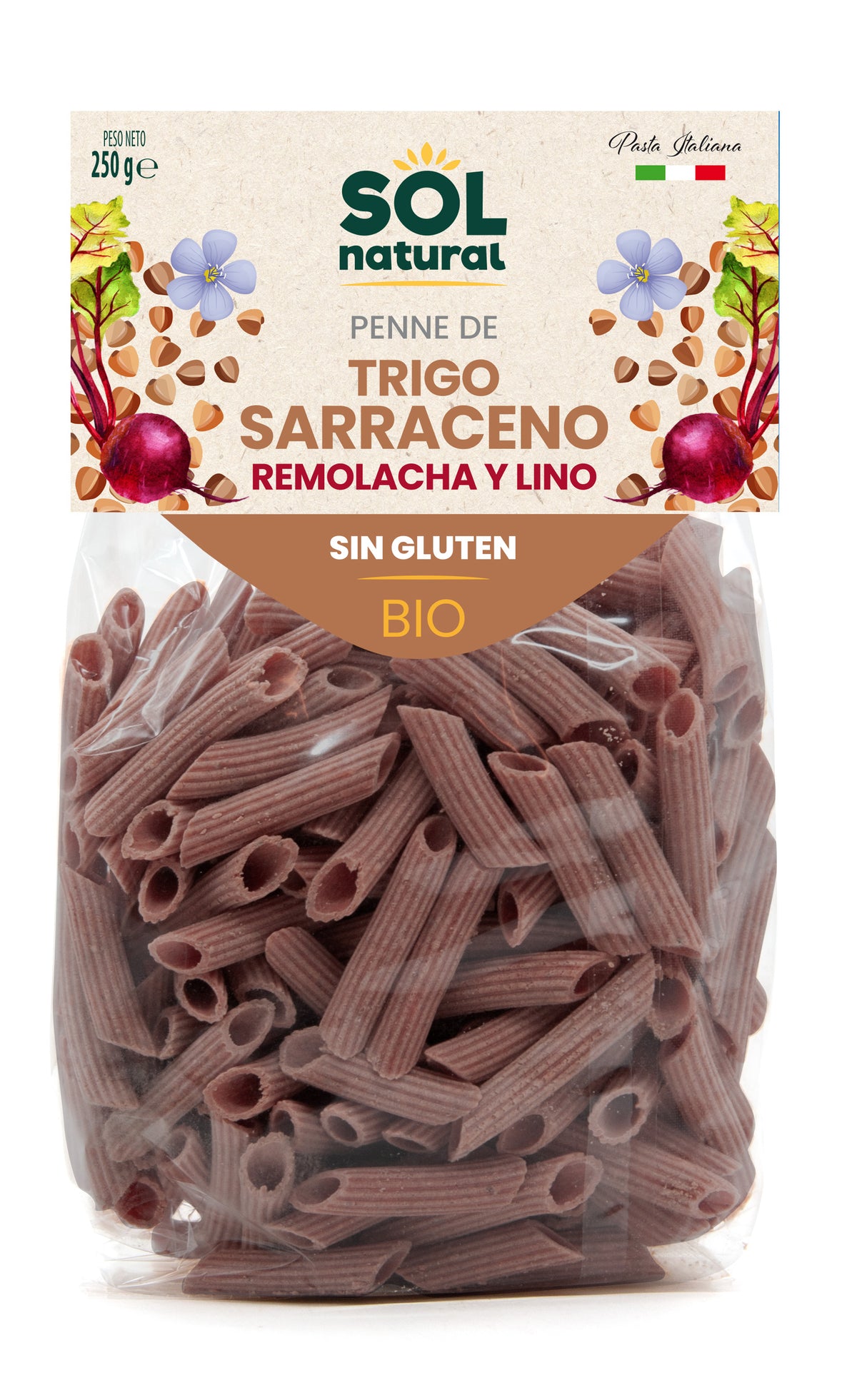 Macarrones Penne T.Sarraceno Remolacha Y Lino Sin Gluten Bio Sol Natural 250 g