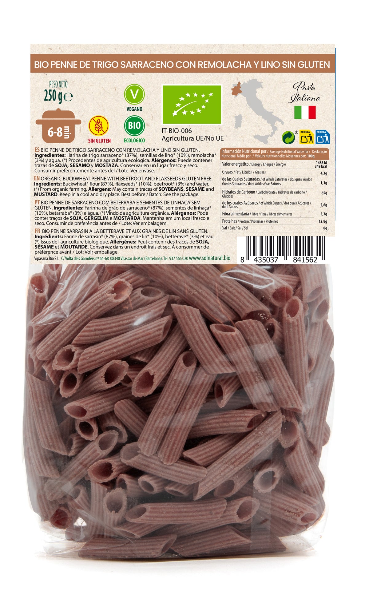 Macarrones Penne T.Sarraceno Remolacha Y Lino Sin Gluten Bio Sol Natural 250 g