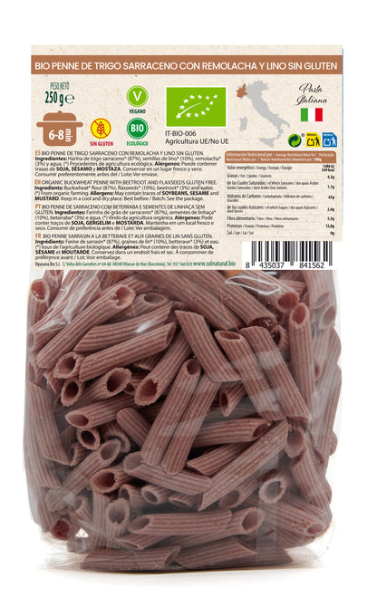 Macarrones Penne T.Sarraceno Remolacha Y Lino Sin Gluten Bio Sol Natural 250 g