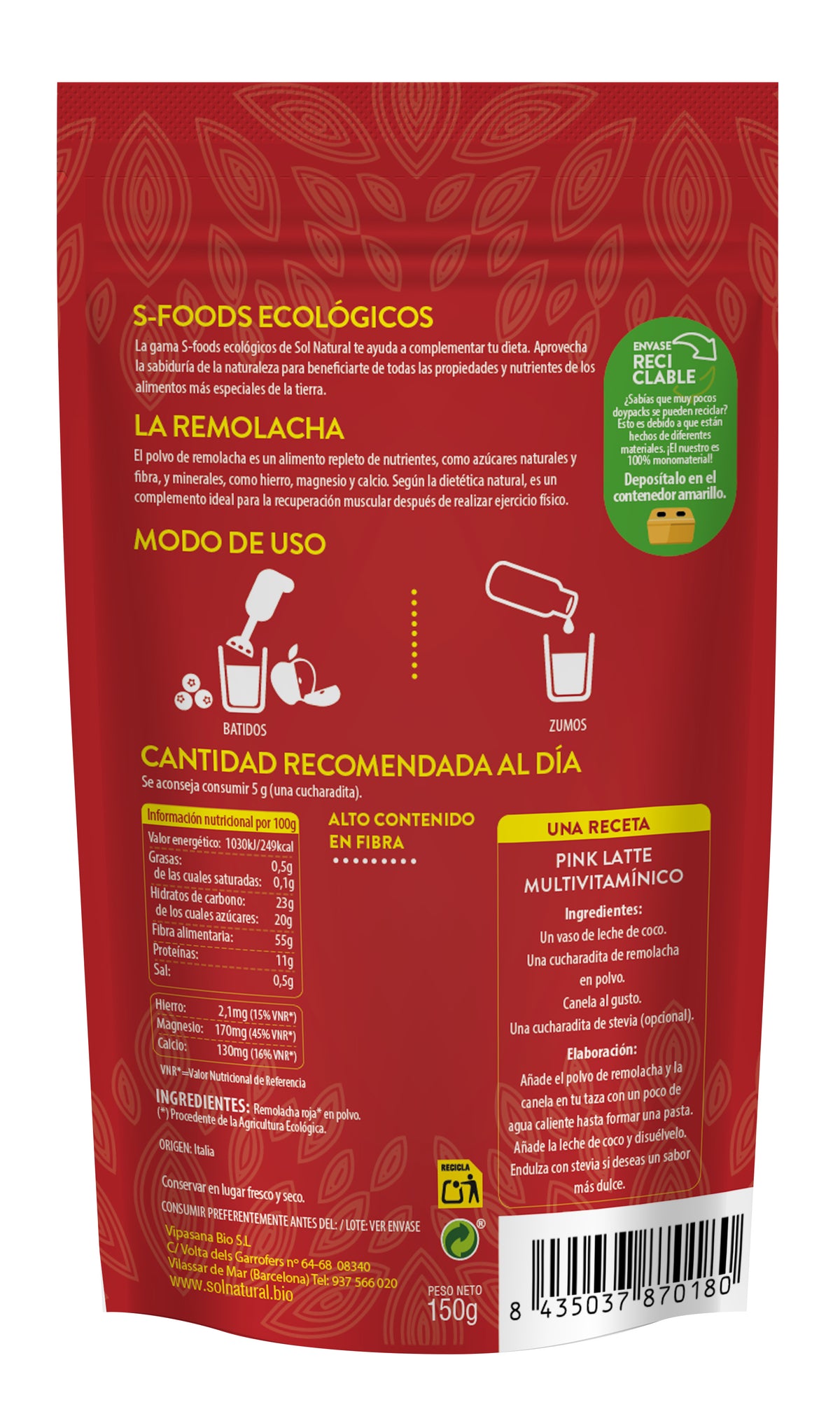 Remolacha Roja En Polvo Bio Sol Natural 150 g