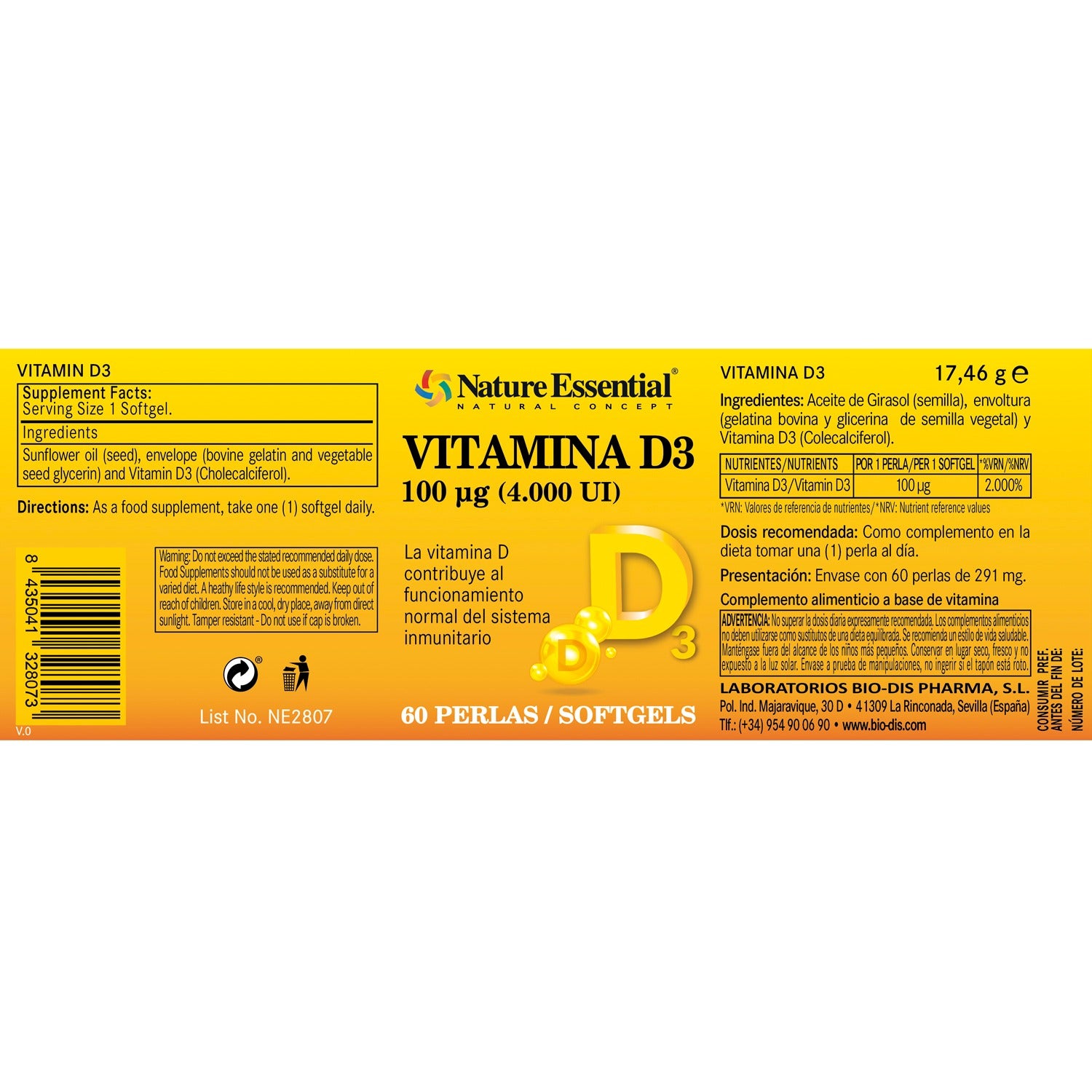 Vitamina D3 100 mcg (4000 U.I) 60 Perlas