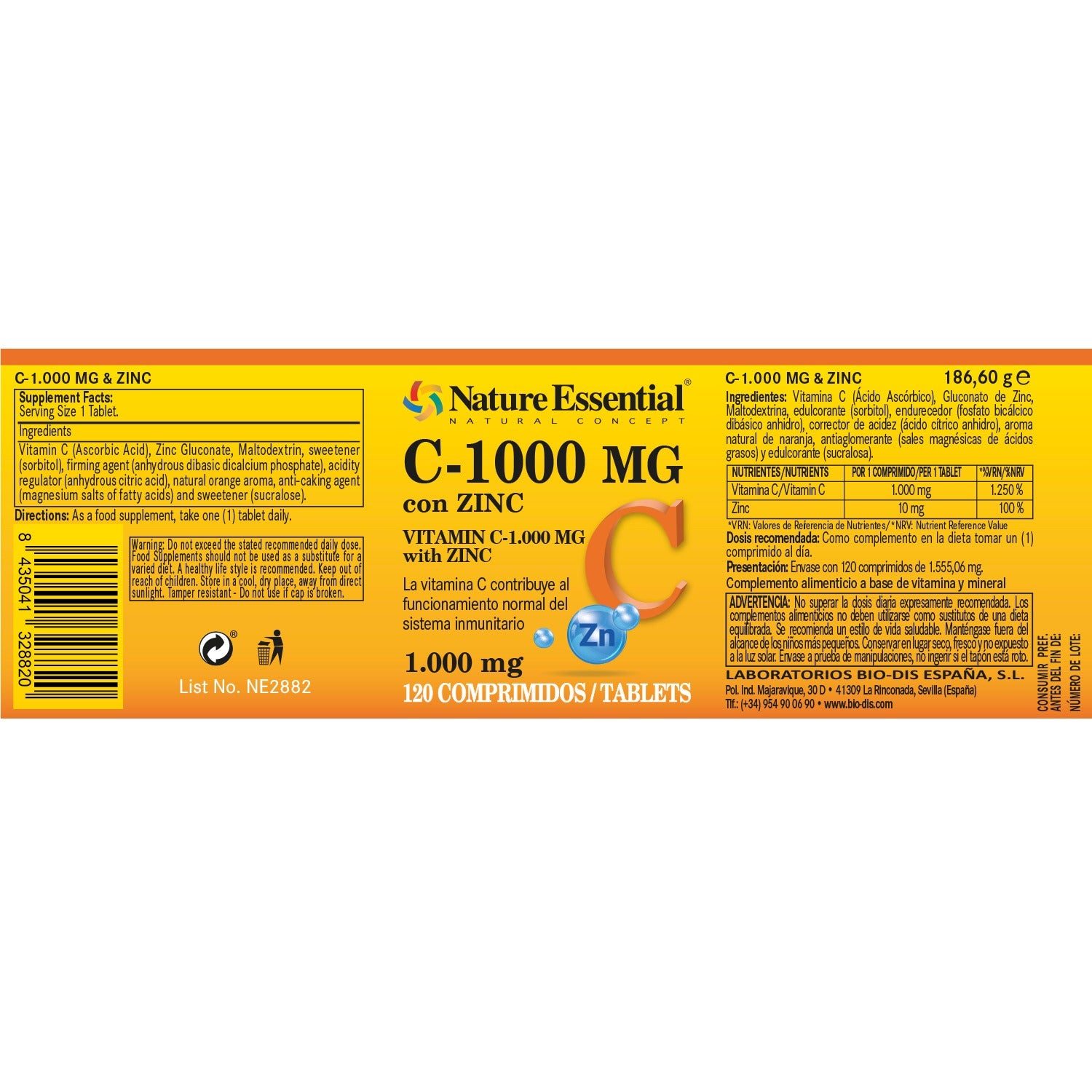 Vitamina C 1000 mg + Zinc 10 mg 120 Comprimidos