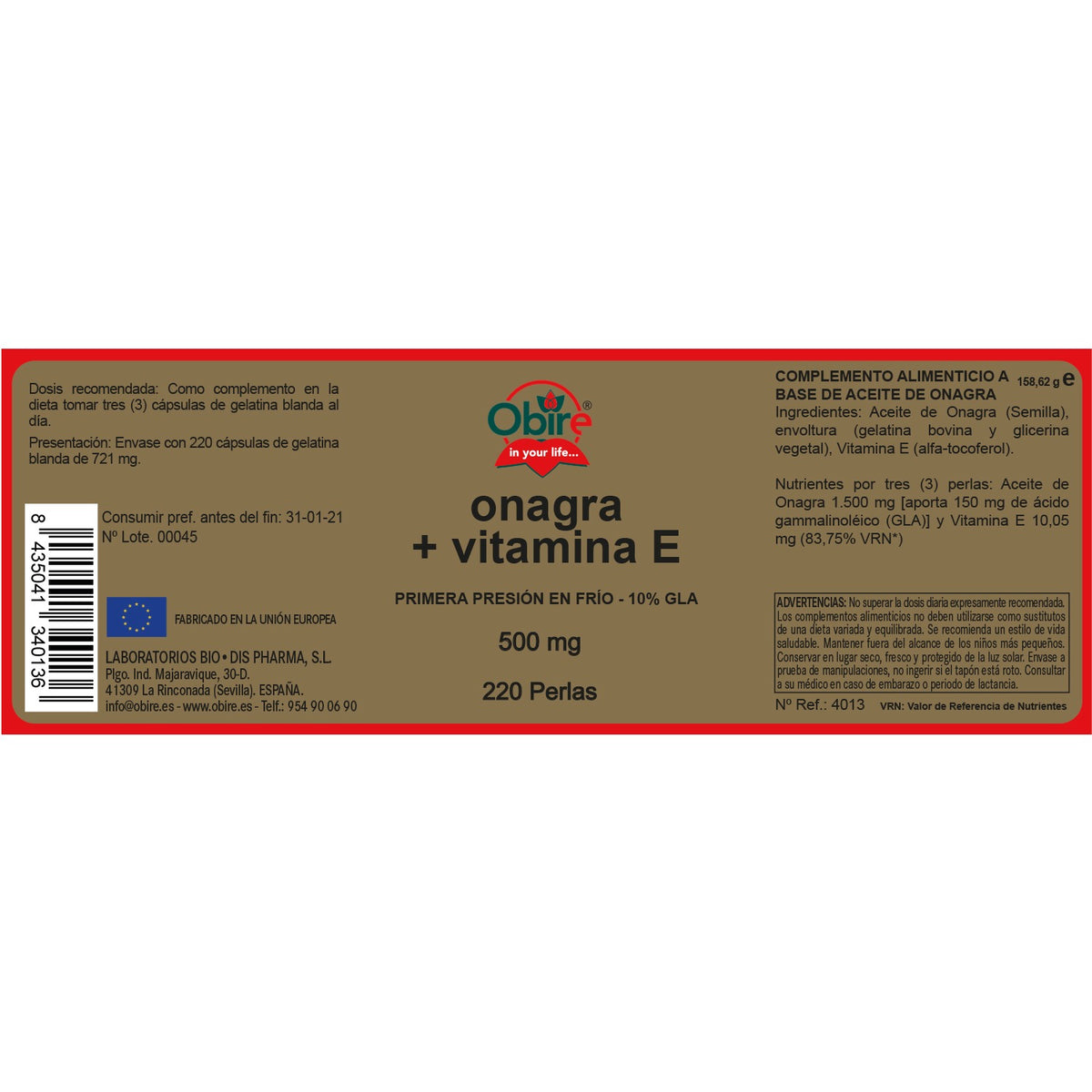 Óleo de Onagra 500 mg com Vitamina E Obire, 220 cápsulas