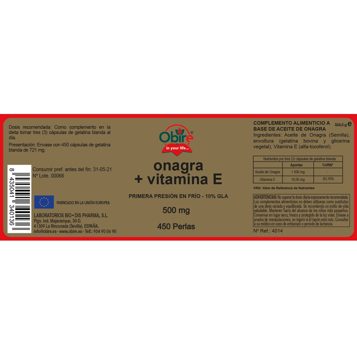 Óleo de Onagra 500 mg Obire 450 cápsulas