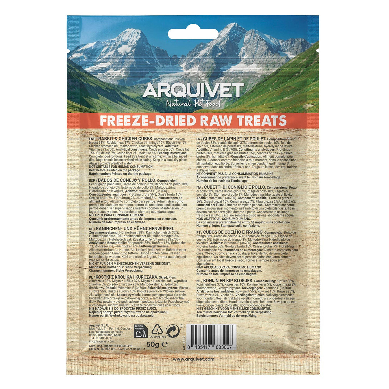 Snack Liofilizado para perros Dados de Conejo y Pollo Arquivet 50 g