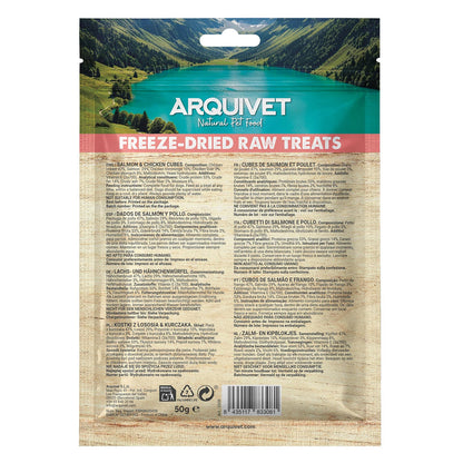 Snack Liofilizado para perros Dados de Salmón y Pollo 50gr Arquivet