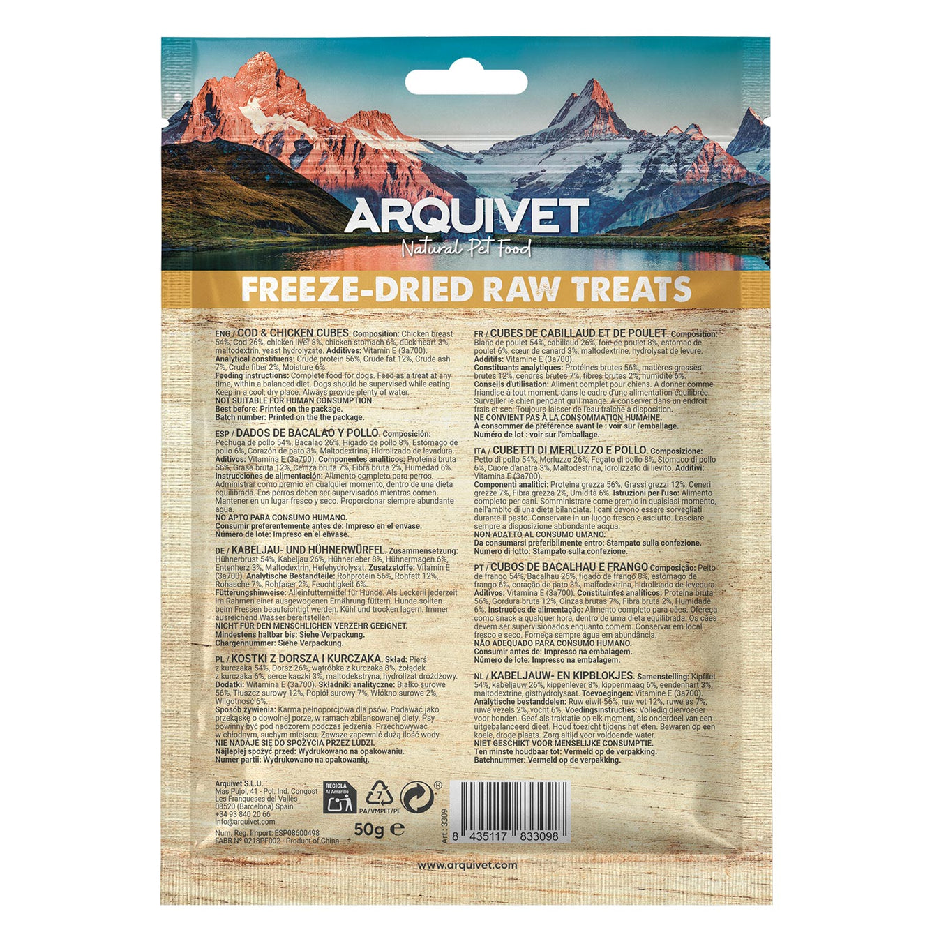 Snack Liofilizado para perros Dados de Bacalao y Pollo 50gr Arquivet
