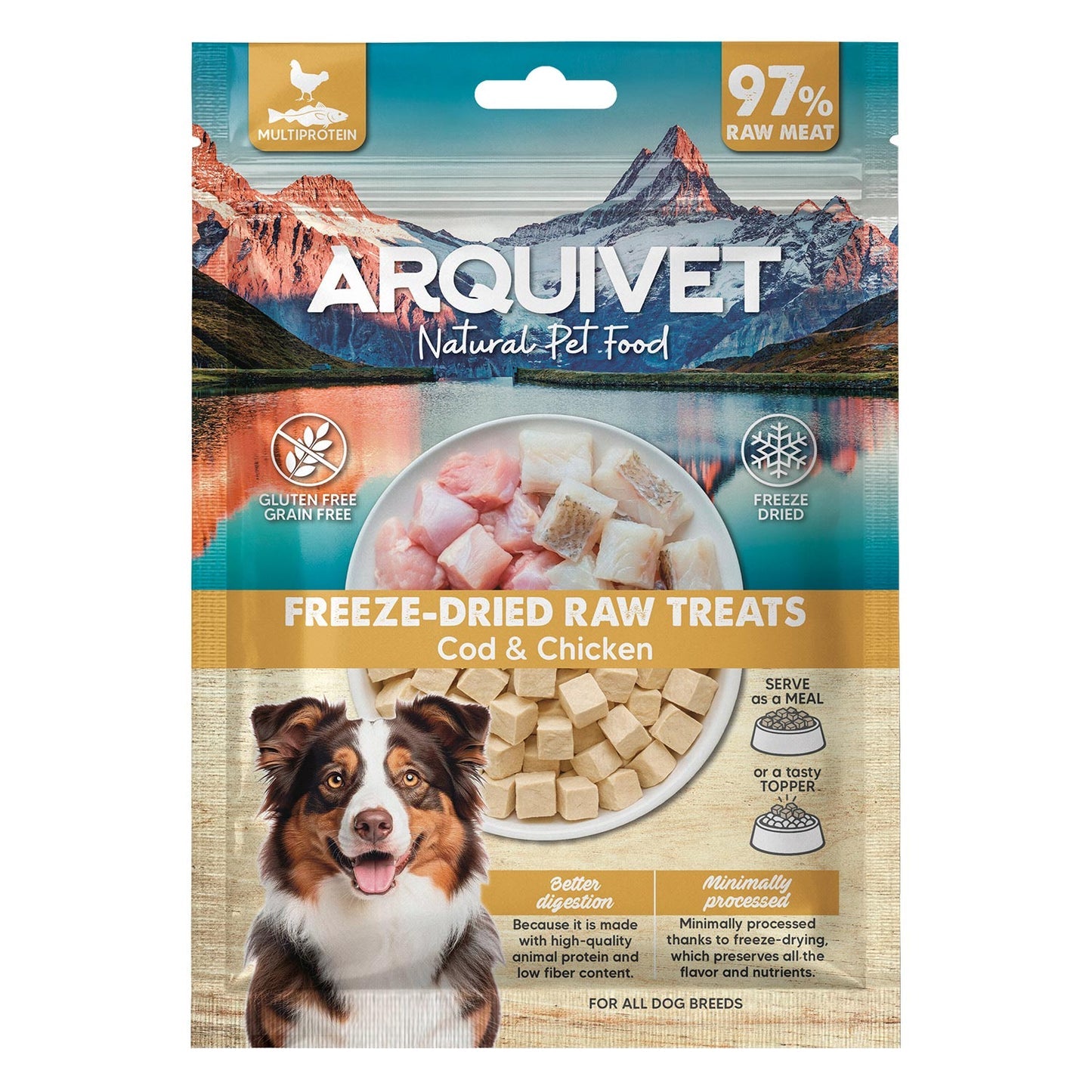Snack Liofilizado para perros Dados de Bacalao y Pollo 50gr Arquivet