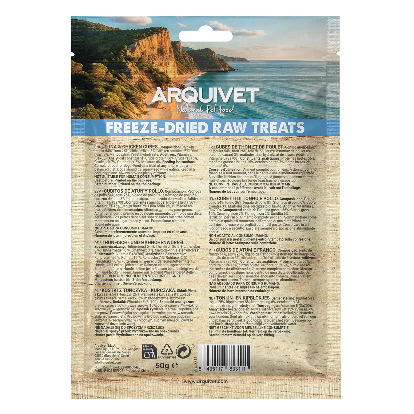 Snack Liofilizado para perros Dados de Atún y Pollo 50gr Arquivet