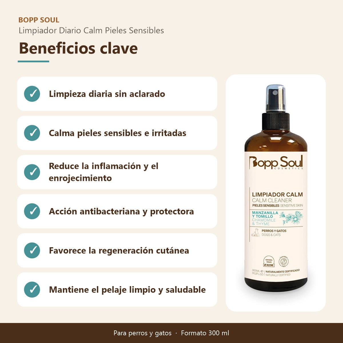 Limpiador Perros Piel Sensible Calm Bopp Soul 300 ml
