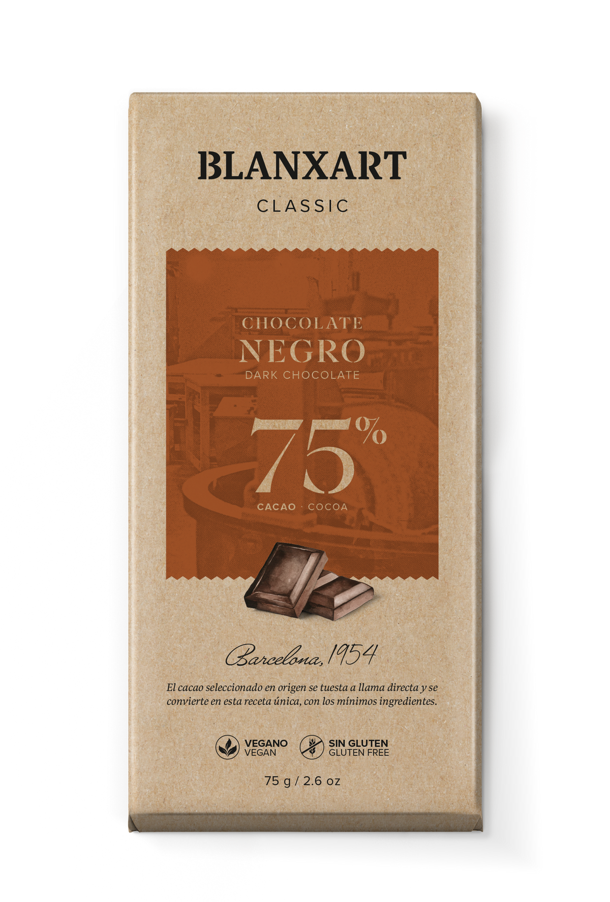 Chocolate Negro 75% Vegano Sin gluten Blanxart 75 g