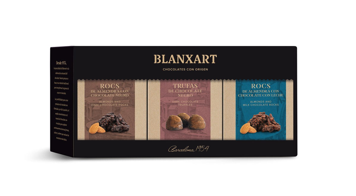Esctuche Regalo 3 variedades: Rocs de Chocolate Negro, Rocs de Chocolate con Leche y Trufas de Chocolate Negro Blanxart