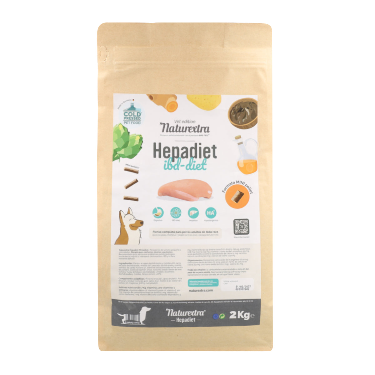 Pienso prensado en frío en Pellets Mini Hepadiet para perros con pollo 2 kg NaturExtra