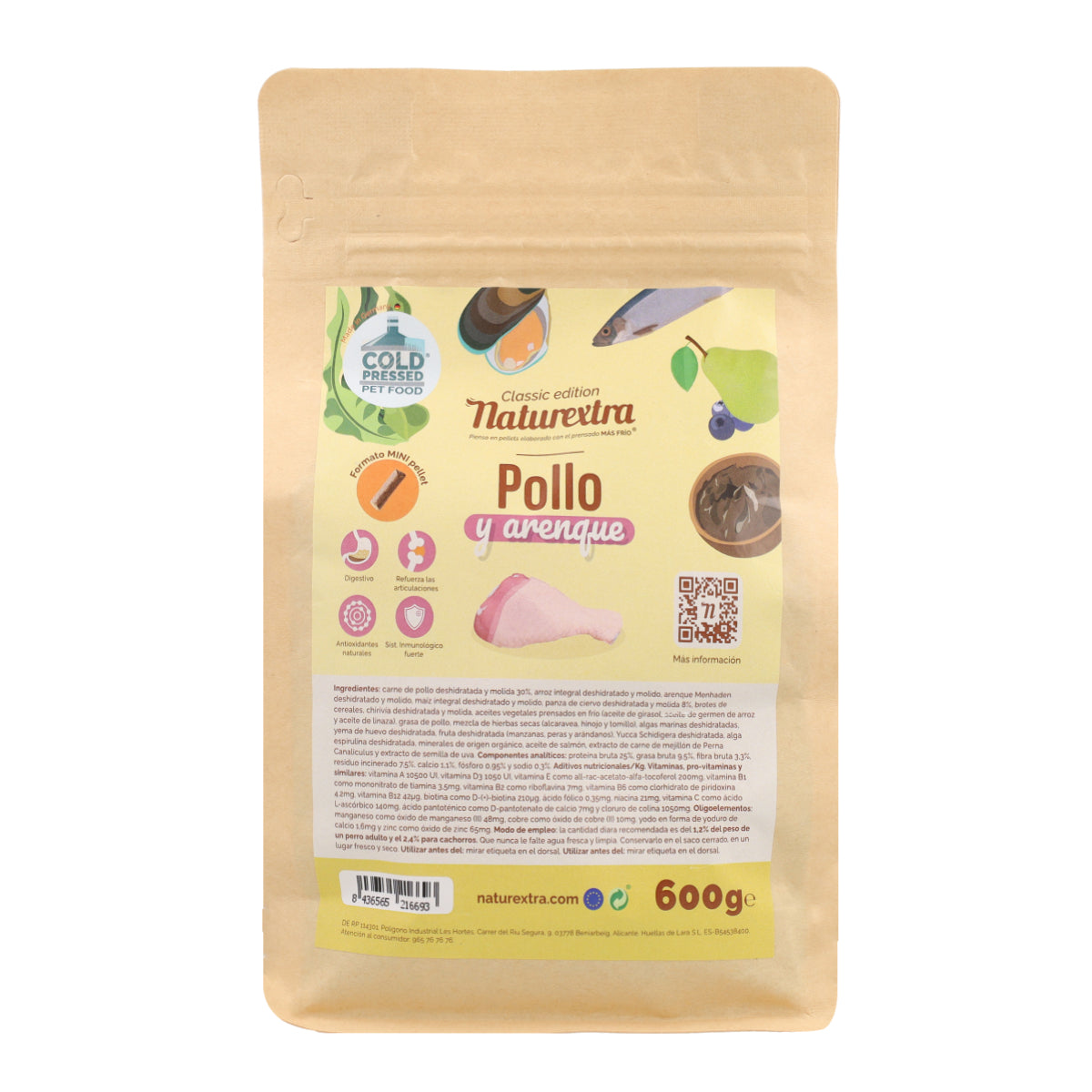 Pienso prensado en frío en Pellets Mini para perros con pollo y arenque 600 g NaturExtra