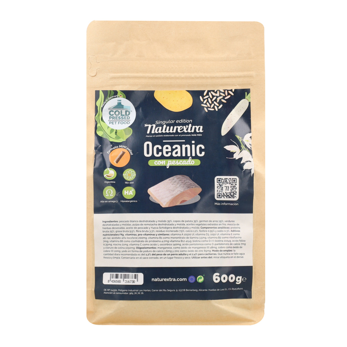 Pienso prensado en frío en Pellets Mini Oceanic para perros con pescado blanco 600 g NaturExtra