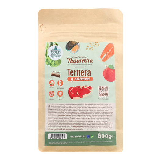 Pienso prensado en frío en Pellets para perros con ternera y salmón 600 g NaturExtra