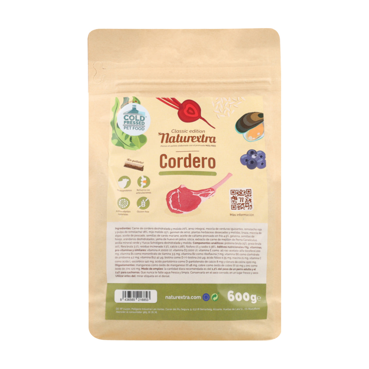 Pienso prensado en frío en Pellets para perros con cordero 600 g NaturExtra