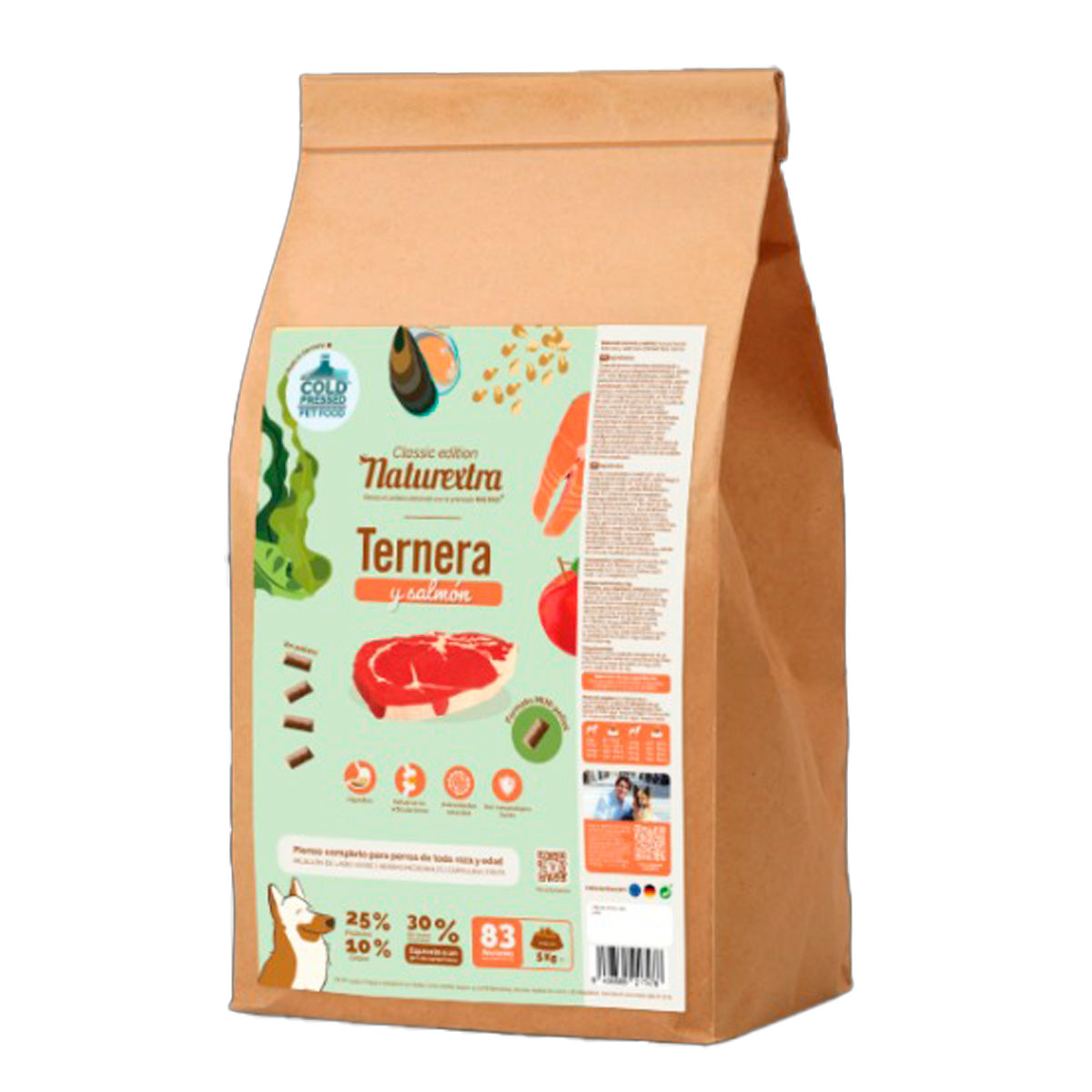 Pienso prensado en frío en Pellets Mini para perros con ternera y salmón 5 kg NaturExtra