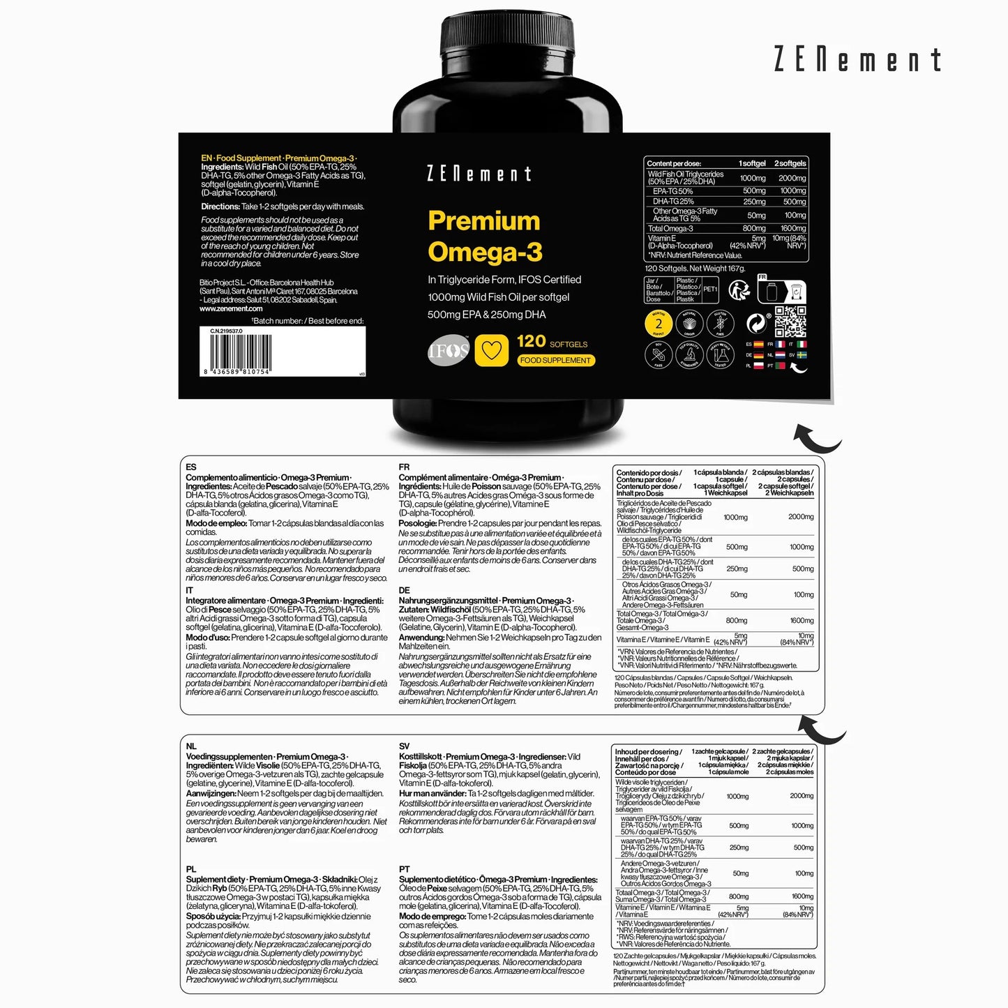 Omega 3 Premium 1000 mg 500 mg EPA 250 mg DHA Zenement 120 cápsulas blandas