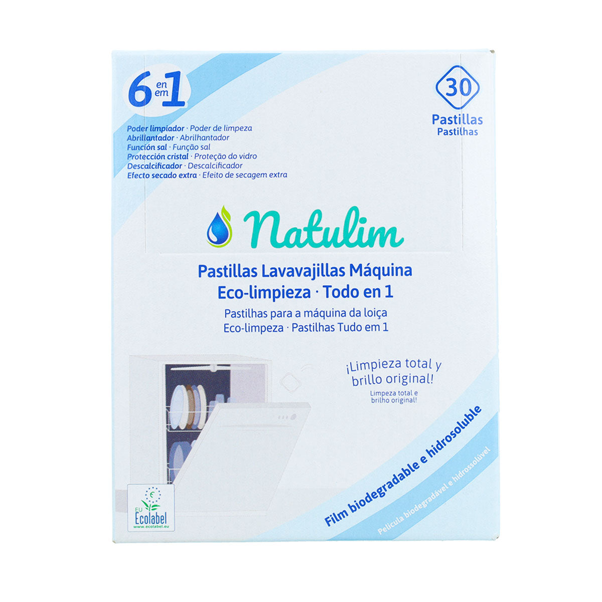 Embalagem com 10 pastilhas Eco 6 em 1 para máquina de lavar loiça, Natulim, 30 unidades