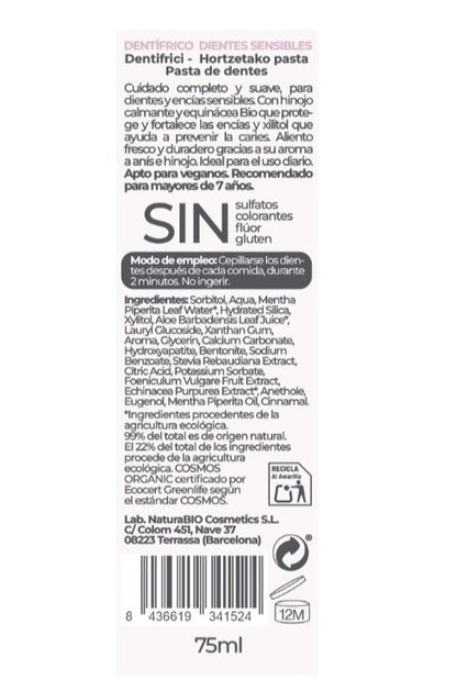 Dentífrico dientes sensibles hinojo &amp; equinacea bio Naturabio 75 ml