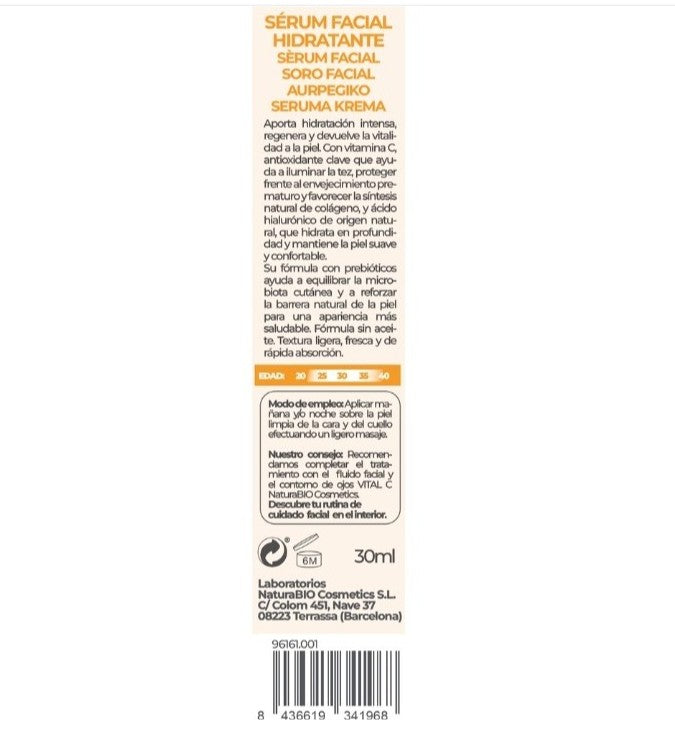 Sérum facial hidratante vital c prebióticos & ácido hialurónico 30 ml