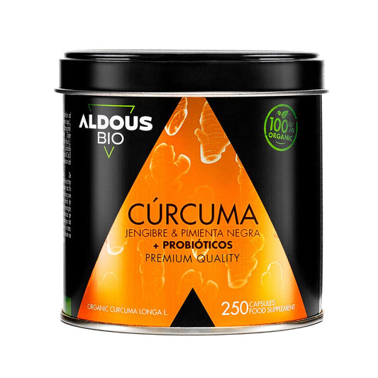 Cúrcuma biológica com gengibre, pimenta preta e probióticos, 250 cápsulas. Aldous Bio