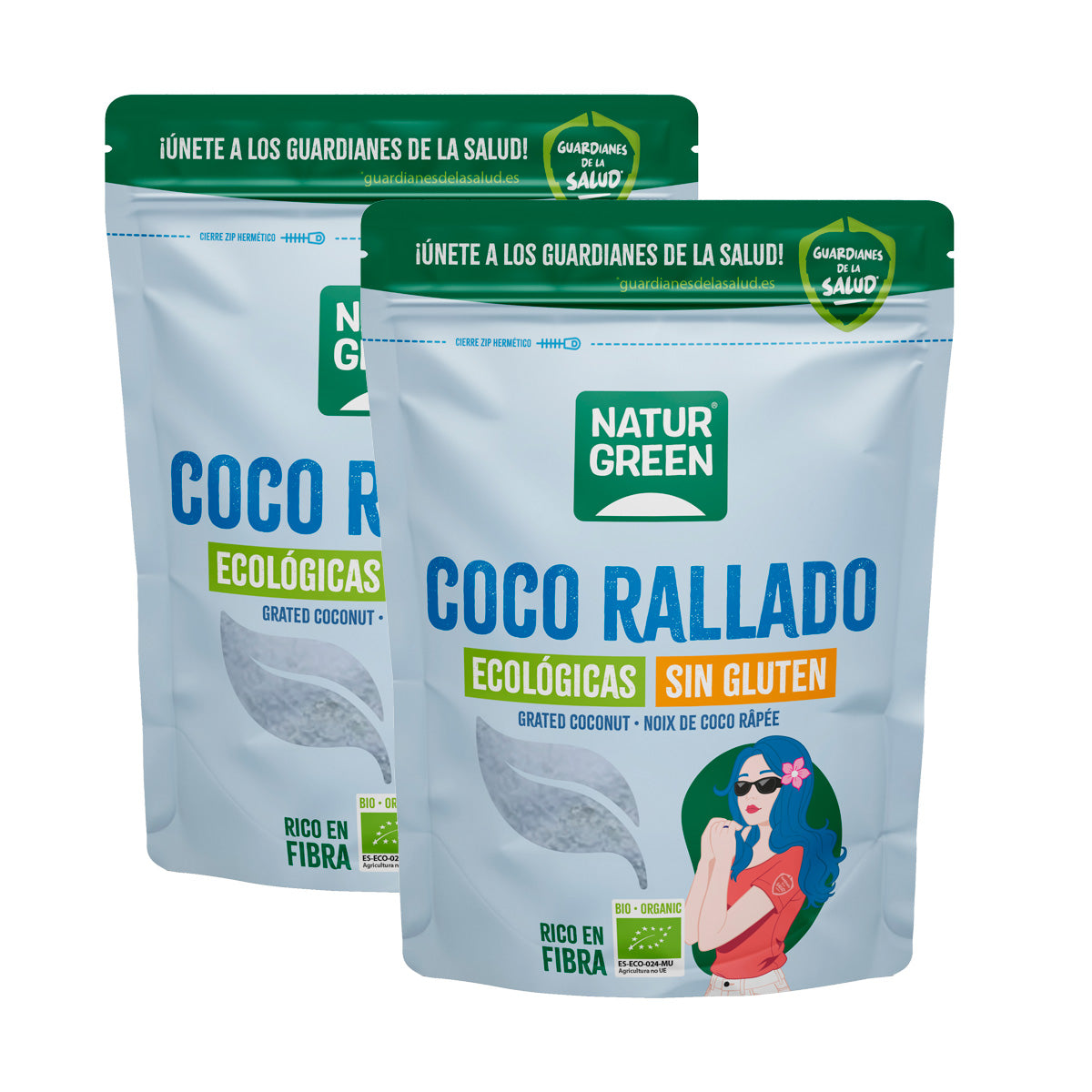 Embalagem de 2 cocos ralados biológicos Naturgreen, 2 unidades de 125 g
