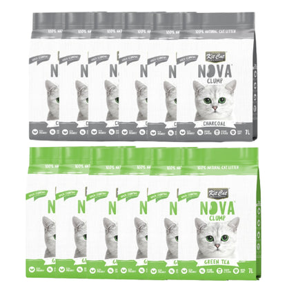 Kit Cat Nova Pack Ahorro Control Olores 12 - (6 Green Tea - 6 Charcoal) 7 L Arena Vegetal para gatos