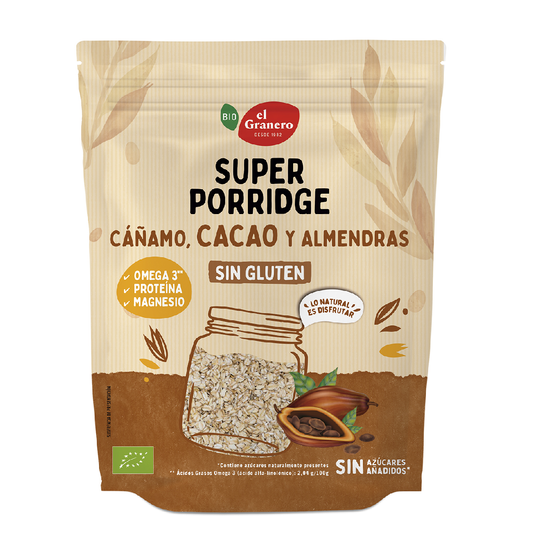 Superporridge Copos de Avena Sin Gluten con Cacao, Almendras y Cáñamo BIO El Granero 350 g