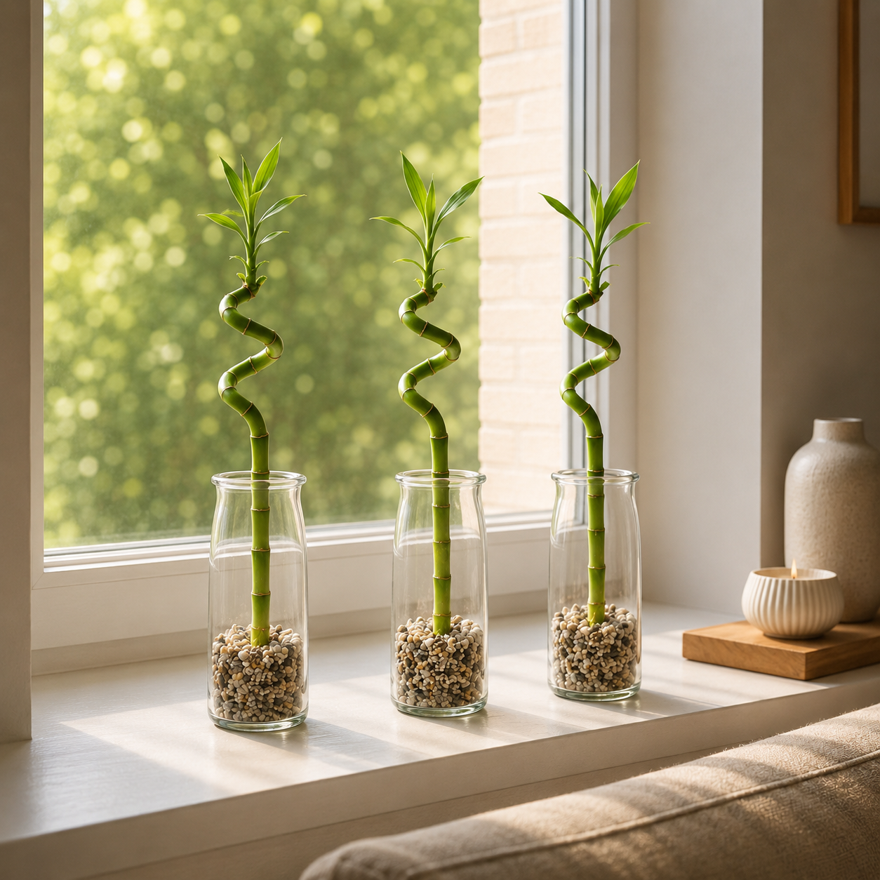 Lucky Bamboo (bambú) 3x Dracaena Sanderiana - Planta, Vidrio Y Piedras - 40-45cm_4
