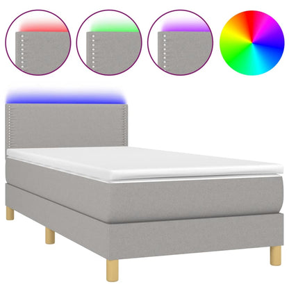 Cama Box Spring Con Colchón Tela Y Led Gris Claro 100x200 Cm / Vetonek_1