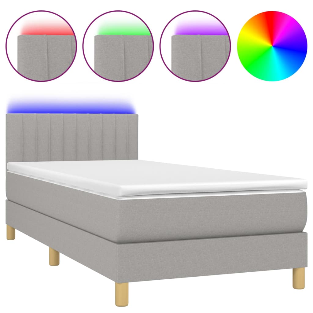 Cama Box Spring Colchón Y Luces Led Tela Gris Claro 90x200 Cm / Vetonek_0