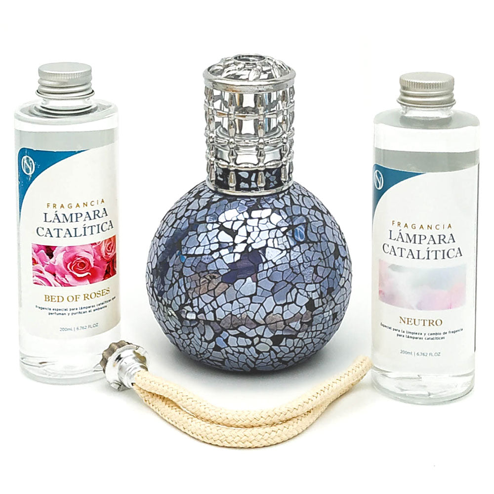 Pack Lámpara Catalítica Mosaico Azul Océano + Fragancia Bed Of Roses 500ml + Limpiador Neutro 200ml + Mecha De Repuesto_0