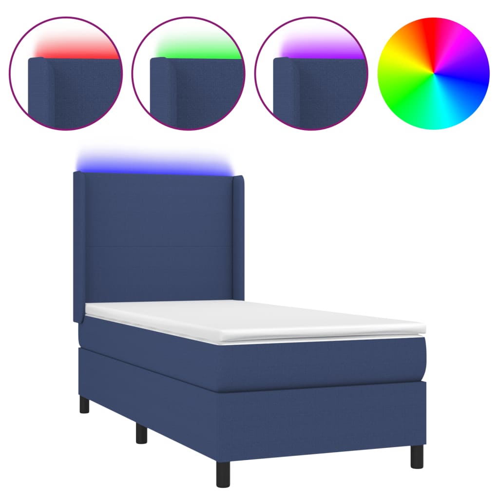 Cama Box Spring Colchón Y Luces Led Tela Azul 90x190 Cm / Vetonek_3