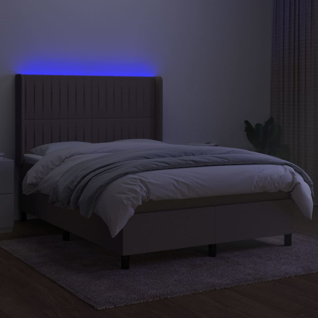 Cama Box Spring Colchón Y Luces Led Tela Gris Taupe 140x200 Cm / Vetonek_0