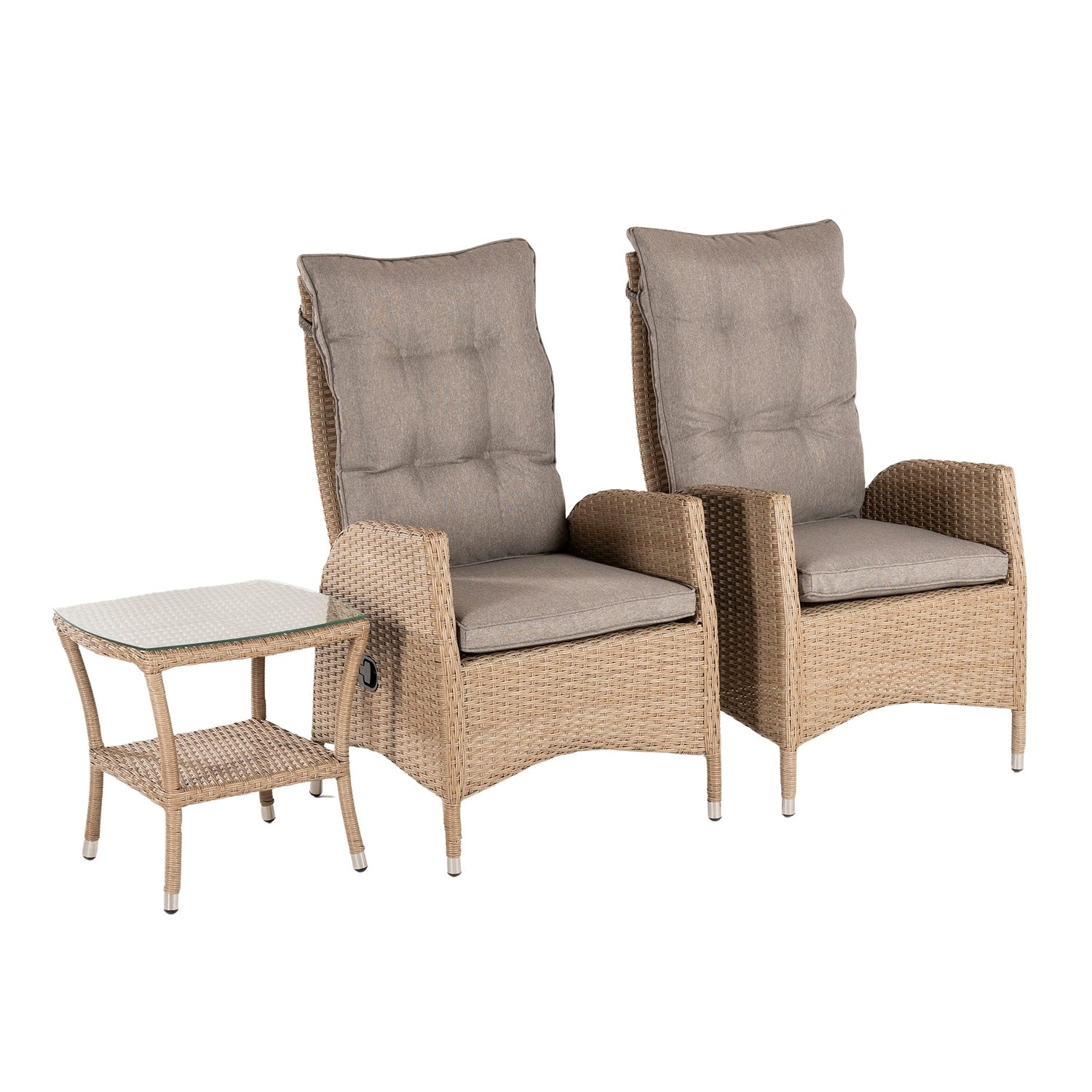 Conjunto Muebles Jardín, 2 Sillones Reclinables Y 1 Mesa Auxiliar, 2 Plazas, Aluminio Y Rattán Sintético Plano Color Natural_0