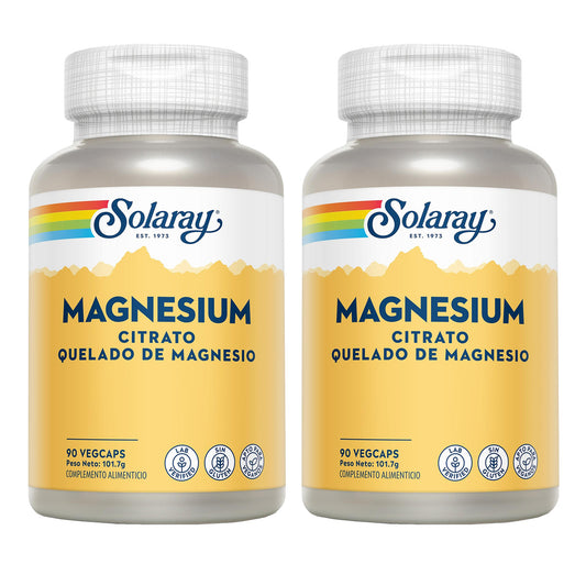 Embalagem de 2 cápsulas de citrato de magnésio - Solaray, 90 cápsulas vegetais. Sem glúten. Adequado para veganos.