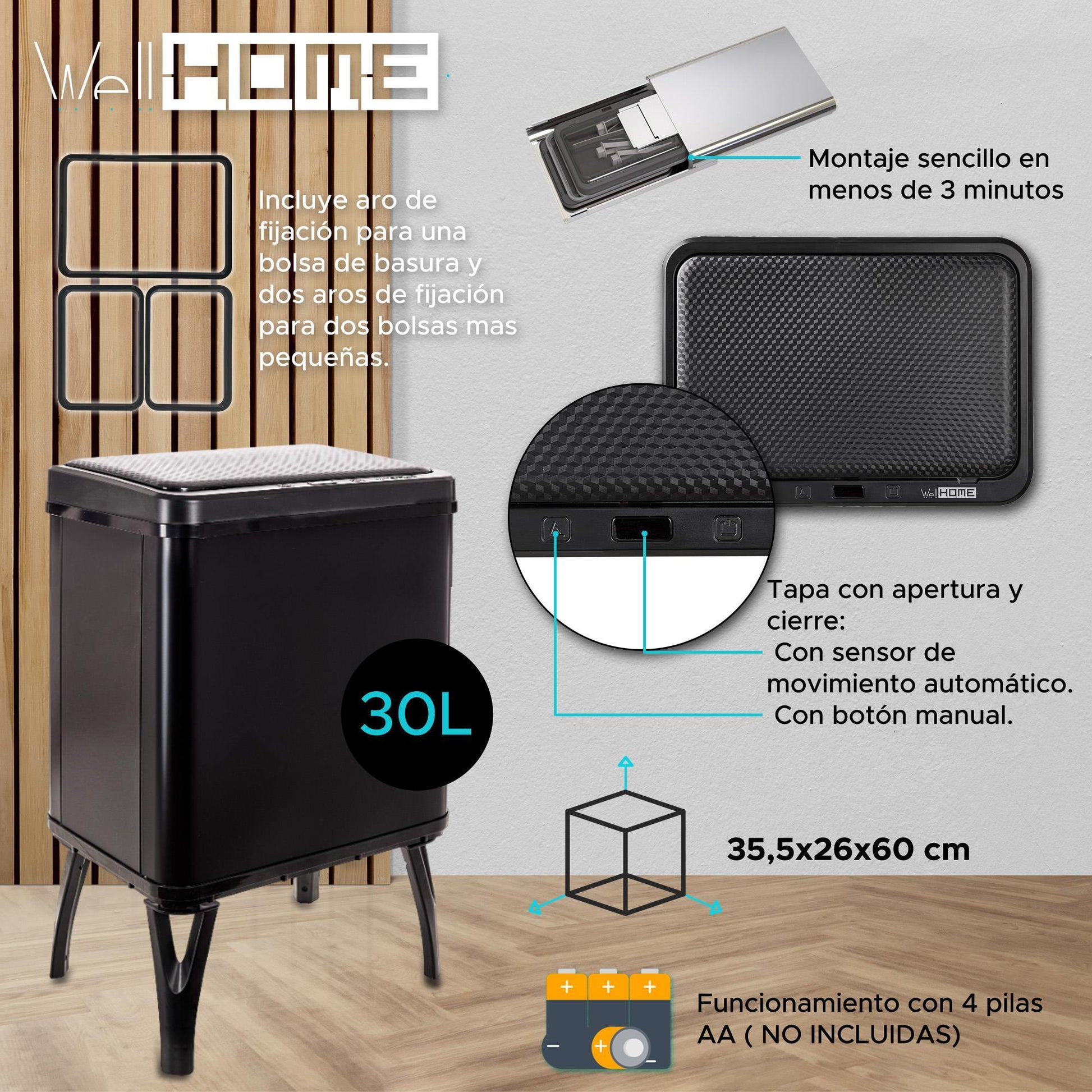 Wellhome Cubo Inteligente Apertura Automática Y Manual 30l Negro_1