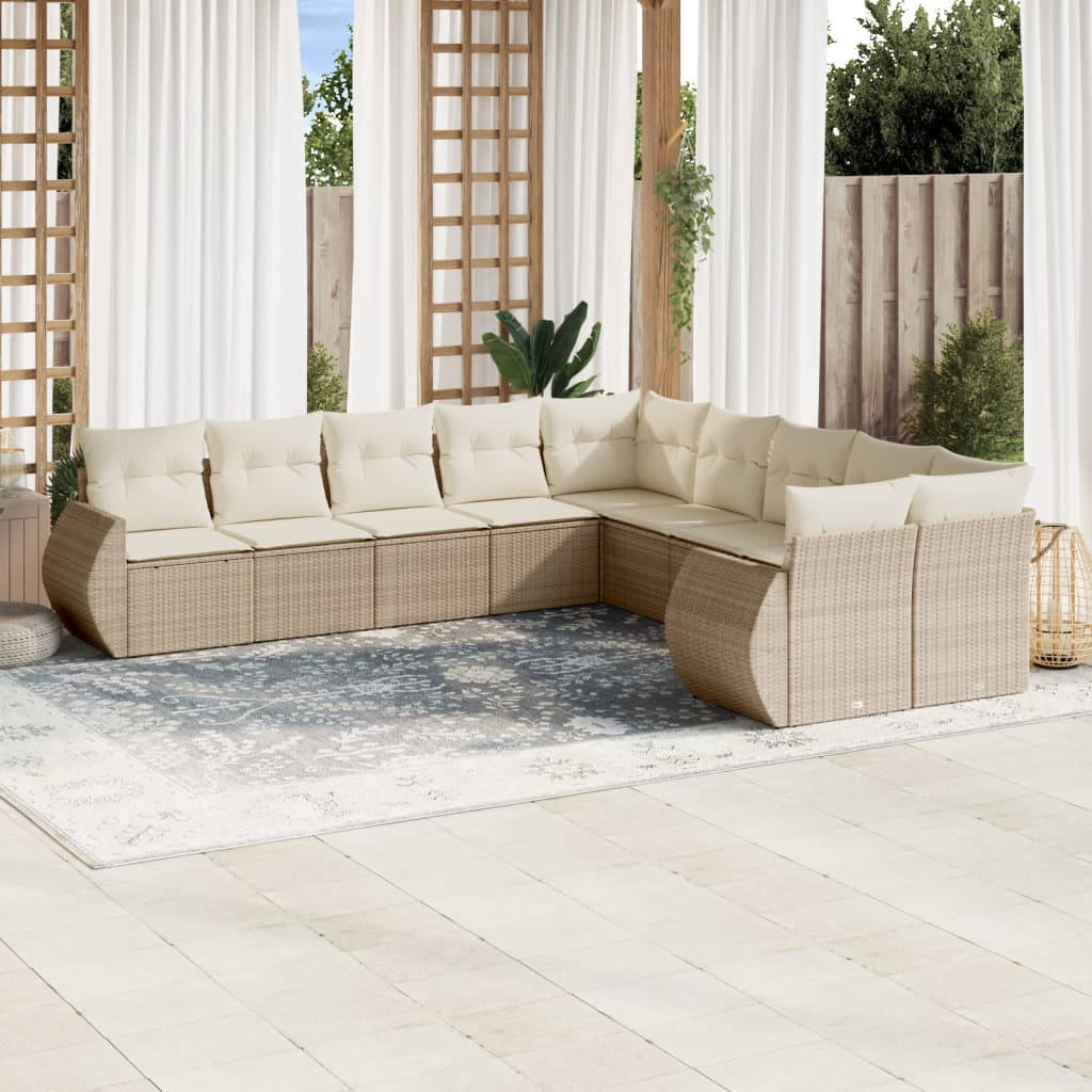 Juego De Sofás Jardín Con Cojines Beige 10 Pzas Ratán Sintético / Vetonek_1